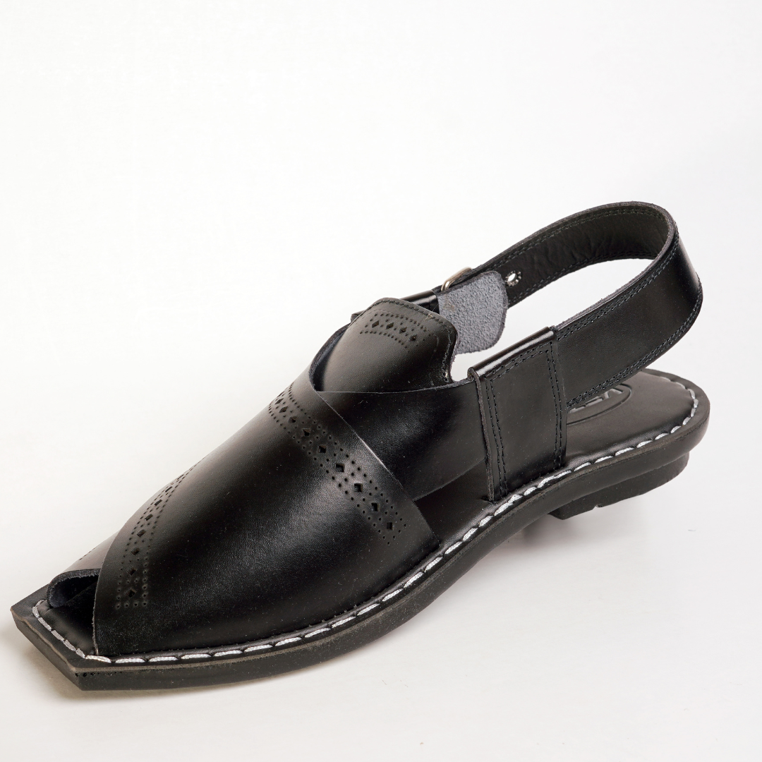 8 Silver Star VZ 09 Men’s Peshawari Chappal – Square-Toe Leather Sandals – Traditional Footwear in Black