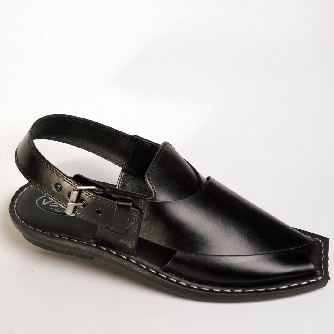 11 Silver Star VZ 09 Men’s Peshawari Chappal – Square-Toe Leather Sandals – Traditional Footwear in Black