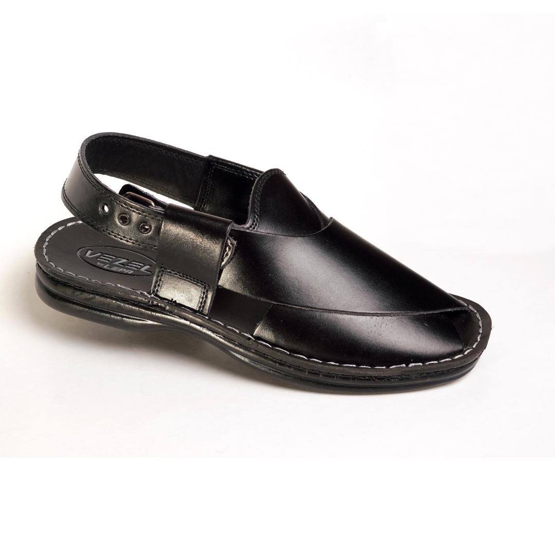 6 Silver Star VZ 08 Men’s Peshawari Chappal – Square-Toe Leather Sandals – Traditional Footwear in Black