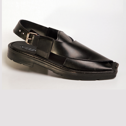 4 Silver Star VZ 09 Men’s Peshawari Chappal – Square-Toe Leather Sandals – Traditional Footwear in Black