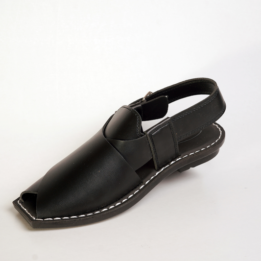 7 Silver Star VZ 09 Men’s Peshawari Chappal – Square-Toe Leather Sandals – Traditional Footwear in Black