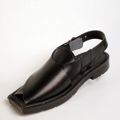 4 Silver Star VZ 09 Men’s Peshawari Chappal – Square-Toe Leather Sandals – Traditional Footwear in Black