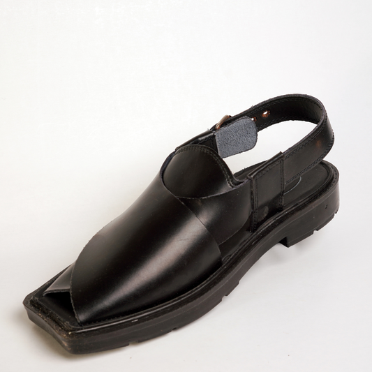 4 Silver Star VZ 09 Men’s Peshawari Chappal – Square-Toe Leather Sandals – Traditional Footwear in Black